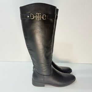 Tommy Hilfiger Inezy Black Knee High Equestrian Boots Side Zip Block Heel Sz6
